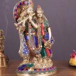 Brass Superfine Radha Krishna Together Idol 12.5" | Exquisite Stonework | 6 kg High-Quality Craftsmanship | Captivating Centerpiece | Divine Love Sculpture